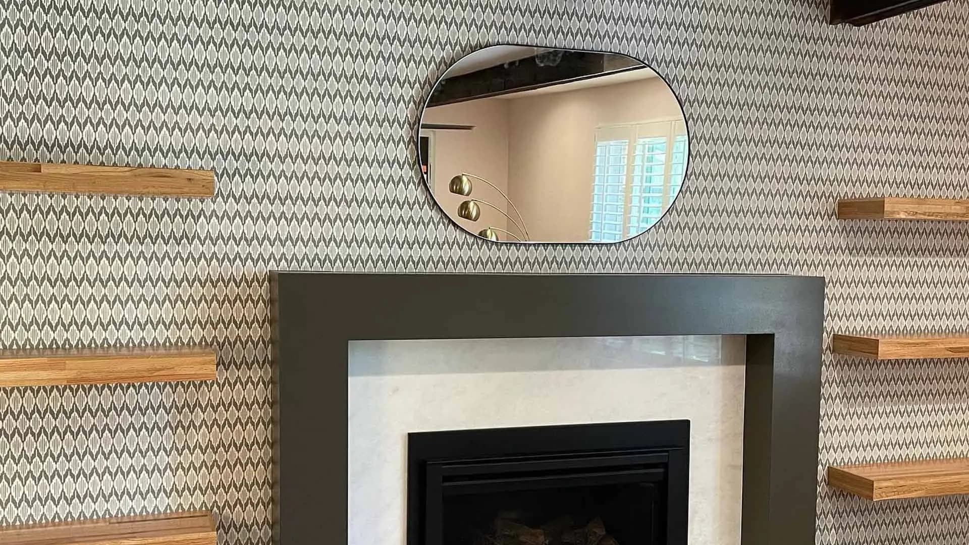 a shelf with mirror above a fireplace