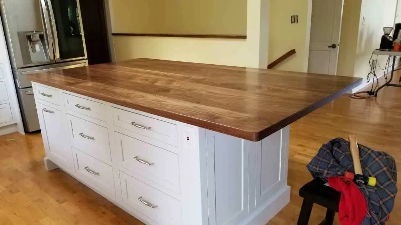 a wooden counter top in a kitchen