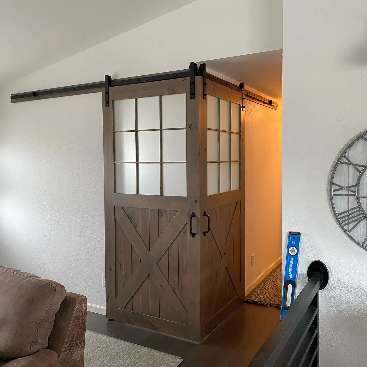 a sliding barn door in a room